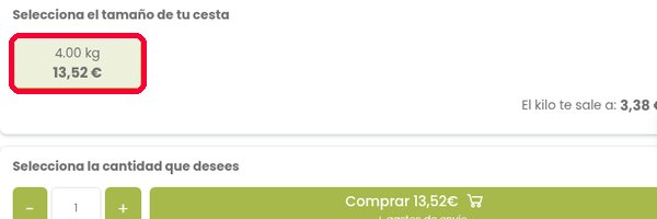 Ficha de producto de Tropitop con el tamaño de la caja y el precio por kilo