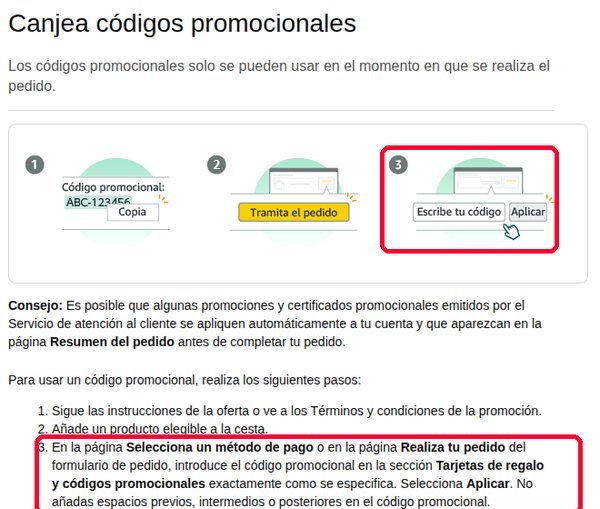 Ayuda oficial de Amazon que explica dónde se mete el código promocional al pagar