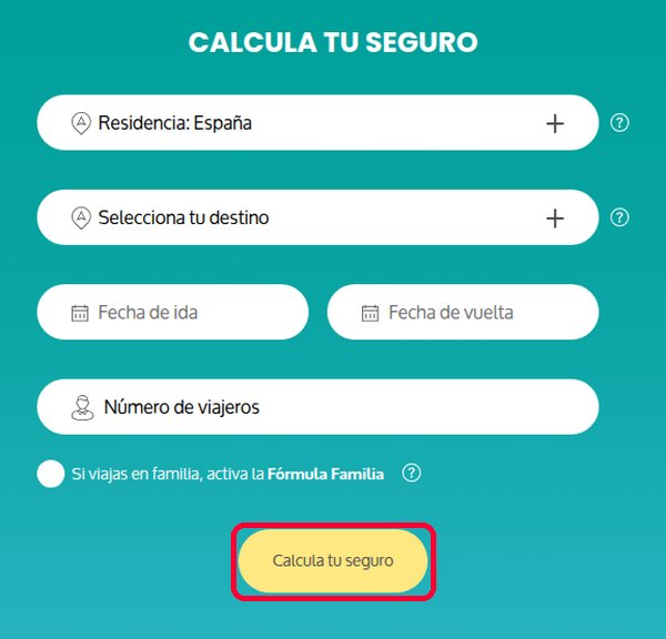 Calculadora de seguro de viaje de Holins con destino, fechas y viajeros
