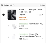 Xiaomi 14T Pro 12GB + Redmi Buds 6 Play + Cargador 67W