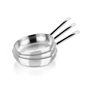 Set profesional de 3 sartenes de acero inoxidable.