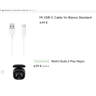 Redmi Buds 6 Play y Cable USB C de Xiaomi.