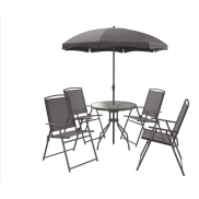 Mesa con sombrilla y juego de cuatro sillas