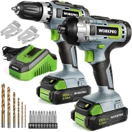 Taladro Workpro 20V + pistola de impacto, baterías y accesorios